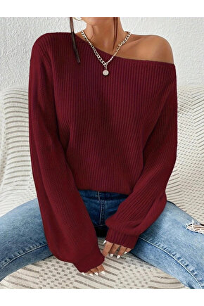 Kadın Uzun Kollu Tek Omuzu Açık Detaylı Triko Bluz