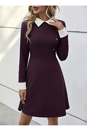 EQURİ Kadın Uzun Kollu Yakalı Düğmeli Mürdüm Modal Mini Elbise