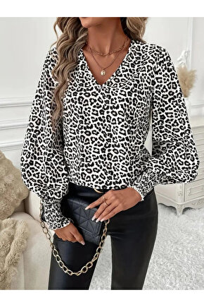 Kadın Uzun Kollu V Yaka Kollar Gipe Detaylı Leopar Desenli Süprem Bluz