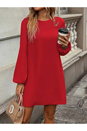 MDB Kadın Uzun Kollu Yuvarlak Yaka Mini Ithal Krep Elbise