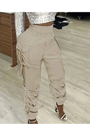 Kadın Yüksek Bel Beli Lastikli Kargo Cep Detaylı Gabardin Pantolon