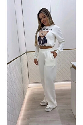 Kadın Uzun Kollu Bisiklet Yaka Desenli Iki Iplik şardonlu Bluz Ve Pantolon Ikili Takım