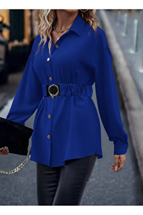 Kadın Uzun Kollu Yakalı önden Düğmeli Belden Kemerli Ithal Krep Bluz