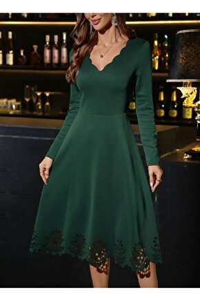 EQURİ Kadın Uzun Kollu V Yakalı Lazer Kesim Detaylı Midi Ithal Krep Elbise