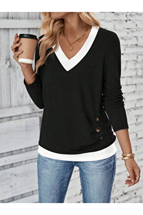 Kadın Uzun Kollu V Yakalı Yandan Düğmeli Yün Viskon Bluz