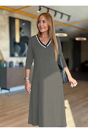 Kadın Uzun Kollu V Yakalı Midi çağla Yeşili Modal Elbise