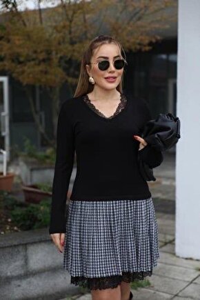 Kadın Uzun Kollu Denteli Yaka Ekose Etek Detay Diz üstü Elbise