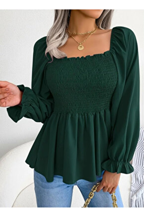 Kadın Uzun Kollu Geometrik Yakalı Gipe Detaylı Krep Bluz