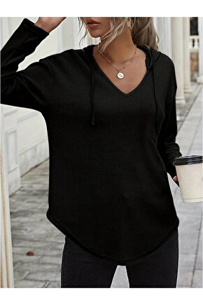 Kadın Uzun Kollu V Yakalı Kapşonlu Waffle Bluz