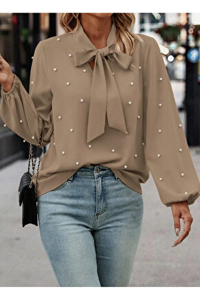 Kadın Uzun Kollu Yakadan Fiyonklu Incili Ithal Krep Bluz