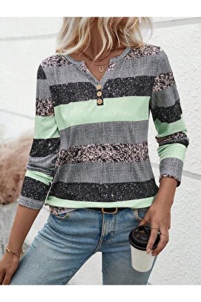 EGECEN Kadın Uzun Kollu Yakadan Düğmeli çizgili Desenli Süprem Bluz