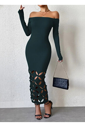 Kadın Madonna Yaka Uzun Kollu Lazer çiçek Kesim Detaylı Uzun Ithal Krep Elbise