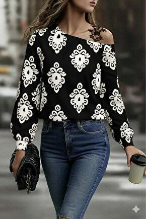 Kadın Askılı Uzun Kollu Omuzlardan Açık Desenli Mosskrep Bluz