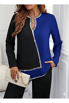 MDB Kadın Uzun Kollu V Yakalı Pul Payet Işlemeli Ithal Krep Bluz