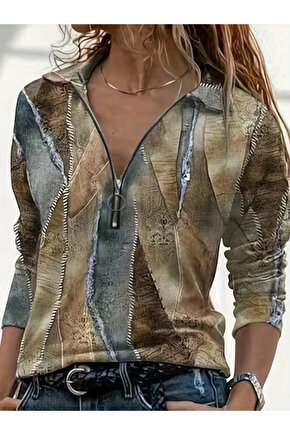 MDB Kadın Uzun Kollu önden Fermuarlı Iki Iplik Bluz