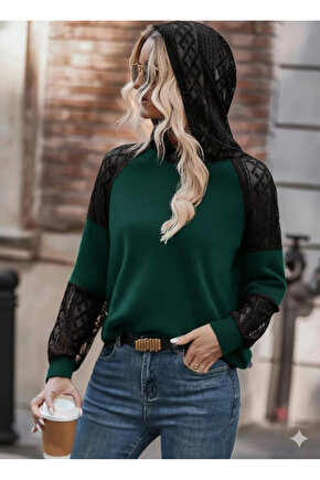 Kadın Uzun Kollu Dantelli Kapşonlu Viskon Iki Iplik Bluz