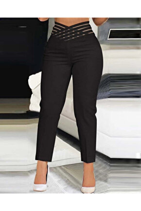 MDB Kadın Yüksek Bel çapraz şerit Detaylı Ithal Krep Pantolon