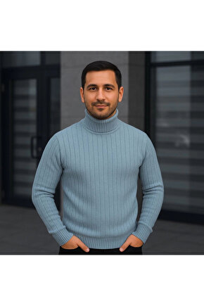 Erkek Balıkcı Yaka Bağazlı Triko Kazak Pamuklu Kalın Fitilli Dokuma, Regular Fit Uzun Kollu Kışlık M