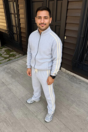 Erkek Çift Şeritli Eşofman Takım Dik Yaka Fermuarlı Sweatshirt Boru Paça Alt, Oversize 3 iplik Pamuk