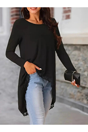 Kadın Uzun Kollu Bisiklet Yaka Asimetrik Kesim Detaylı Dantelli Viskon Bluz