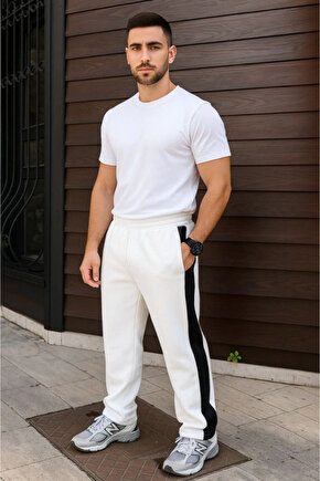Erkek Üç İplik Kışlık Pamuklu Yandan Garneli Kalın Şeritli Cepli Eşofman Altı - Beyaz