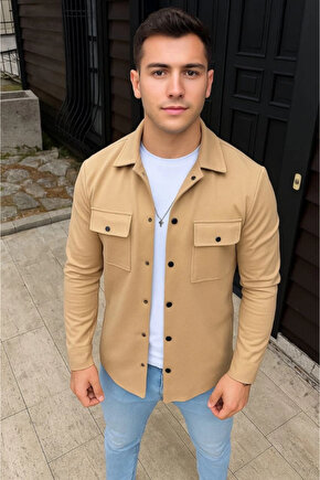Erkek Diagonal Kumaş Cepli Çıtçıtlı uzun Kollu, Gömlek Oversize Rahat Kalıp Günlük Şık Stil - Bej