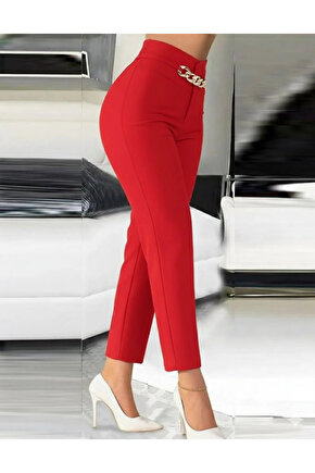 Kadın Yüksek Bel önden Zincir Detaylı Ithal Krep Pantolon