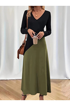 EQURİ Kadın Uzun Kollu V Yakalı Blok Desenli Viskon Elbise