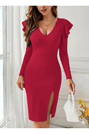 EQURİ Kadın Uzun Kollu V Yakalı Yandan Yırtmaçlı Midi Ithal Krep Elbise