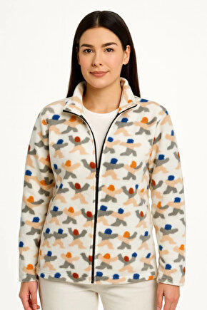 Kadın Tam Fermuarlı Desenli Polar Sweat – Siyah Multicolor Figür Desen Yakalı, Uzun Kollu, Oversize