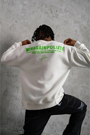 Erkek Oversize Sweatshirt – Beyaz Renk Ön Ve Sırt Baskılı, Üç İplik İçi Pamuklu Kumaş, Rahat Kalıp,