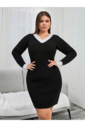 Kadın Uzun Kollu V Yakalı Kısa Triko Elbise