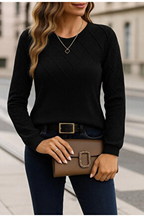 Kadın Uzun Kollu Bisiklet Yaka Geometrik Desenli Triko Bluz