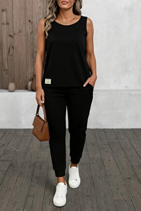 Kadın Askılı Yuvarlak Yaka Viskon Iki Iplik Bluz Ve Eşofman Altı Ikili Takım