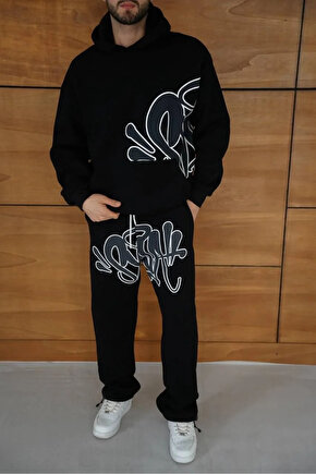 Erkek Kapüşonlu Eşofman Takım Graffiti Baskılı Oversize Rahat Kalıp, Kanguru Cepli, Streetwear Tarzı