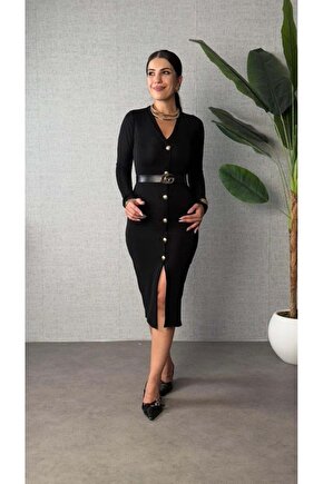 EQURİ Kadın Uzun Kollu V Yakalı önden Düğmeli Yırtmaçlı Modal Midi Kemersiz Elbise