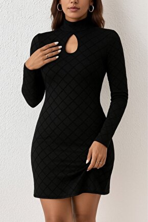 EQURİ Kadın Uzun Kollu Damla Detay Flok Baskı Dalgıç Mini Elbise