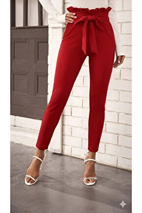Kadın Yüksek Bel Beli Fırfırlı önden Bağlamalı Ithal Krep Pantolon
