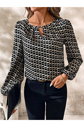 MDB Kadın Uzun Kollu Damla Detaylı Yaka Desenli Süprem Bluz