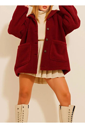 Kadın Uzun Kollu Cep Ve Düğme Detay Wellsof Kumaş Peluş Hırka