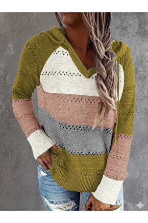 EQURİ Kadın Uzun Kollu V Yakalı Bağcıklı Kapşonlu Triko Bluz