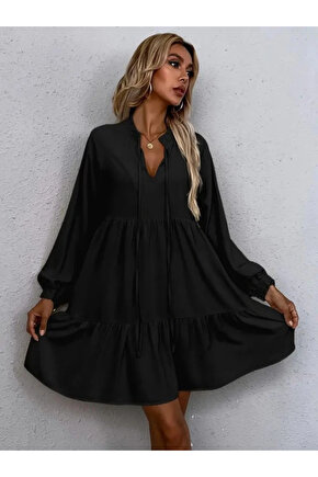 Kadın Uzun Kollu Yakadan Bağcıklı Fırfırlı Keten Mini Elbise