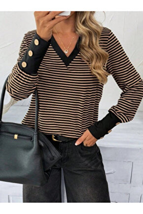 Kadın Uzun Kollu V Yakalı Desenli Süprem Bluz