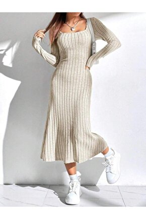 Kadın Uzun Kollu Kare Yaka Midi Kaşkorse Elbise