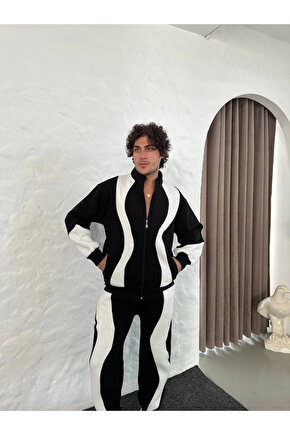 EQURİ Erkek Premium Parçalı Eşofman Takım - Dik Yaka Fermuarlı Sweatshirt, - Siyah