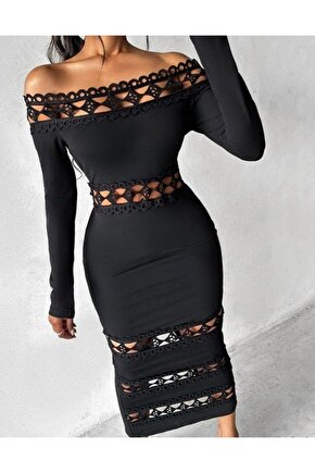 EQURİ Kadın Uzun Kollu Madonna Dantel Yaka Yırtmaçlı Midi Dalgıç Elbise