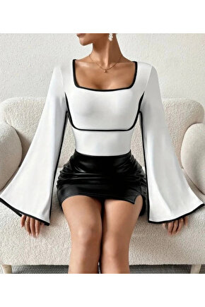 Kadın U Yaka Siyah şerit Detyalı Yarasa Kol Dalgıç Kumaş Arabiyeli Bluz