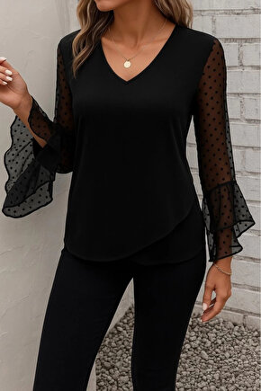 Kadın Uzun Kollu V Yakalı Kolları Ispanyol Detayı Sandy Bluz