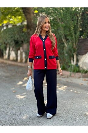 EQURİ Kadın Uzun Kollu Ribanali Cep Detay Hırka Ve Bol Paça Pantolon Ikili Takım