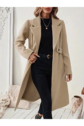 Kadın Uzun Kollu Yakalı Belde şerit Düğme Detaylı Cepli Mini Kaşe Kaban